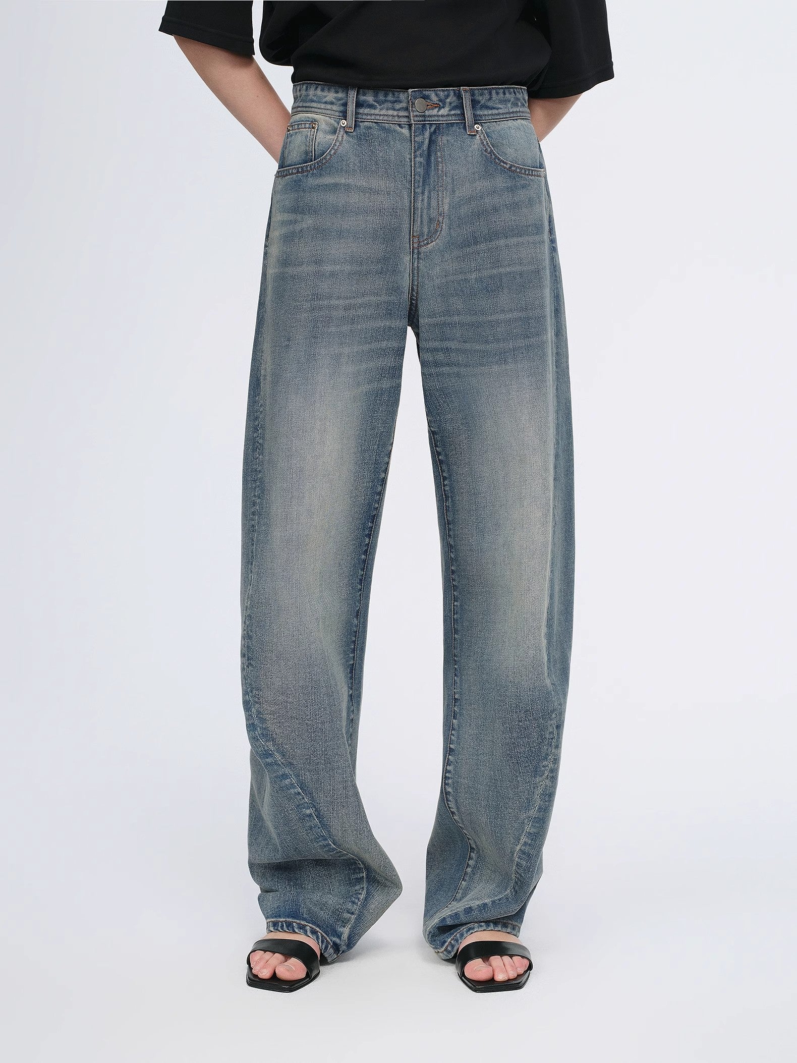 Vintage heavy cotton polyester blended washed comfortable slim front curved jeans-1