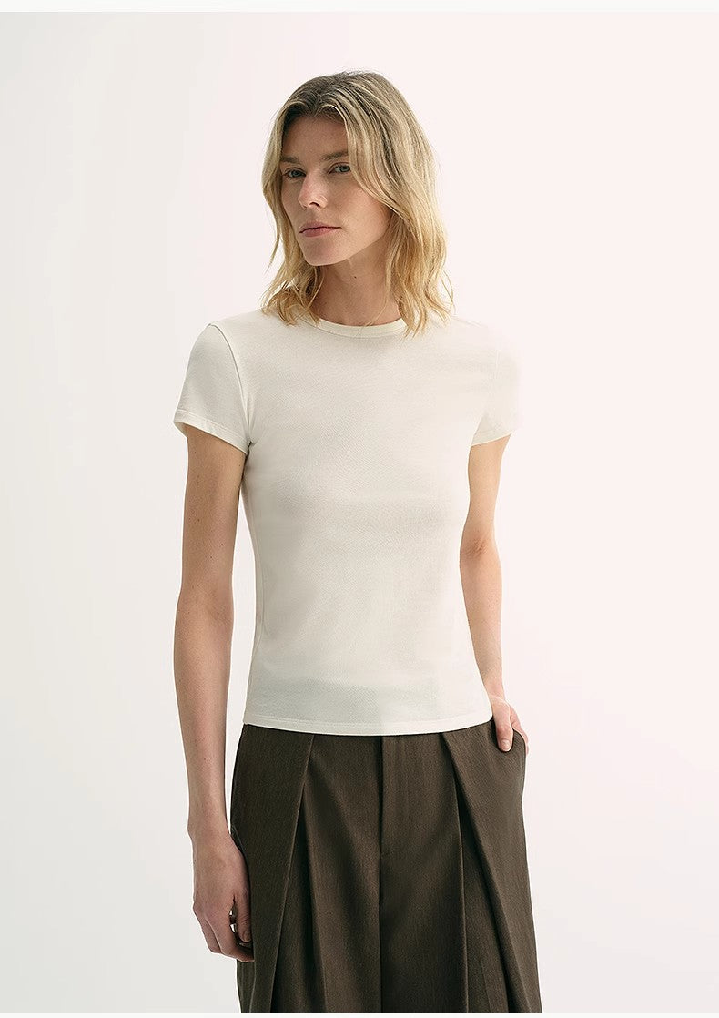 LINDIS wool mulberry silk classic short-sleeved round neck T-shirt for women-0