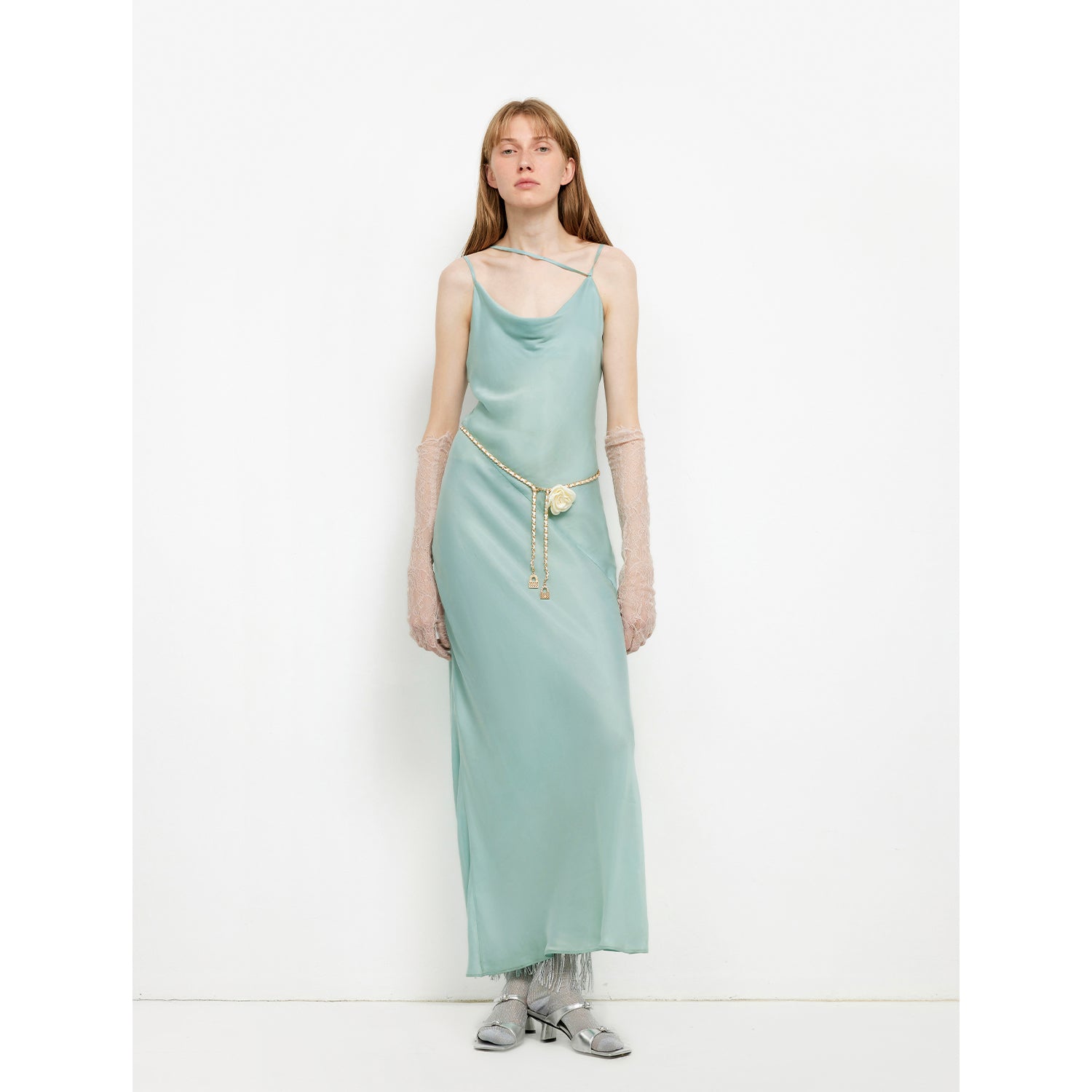 "Island Riddle" Glossy copper-ammonia silk satin light luxury swing collar slim fishtail suspender dress-4