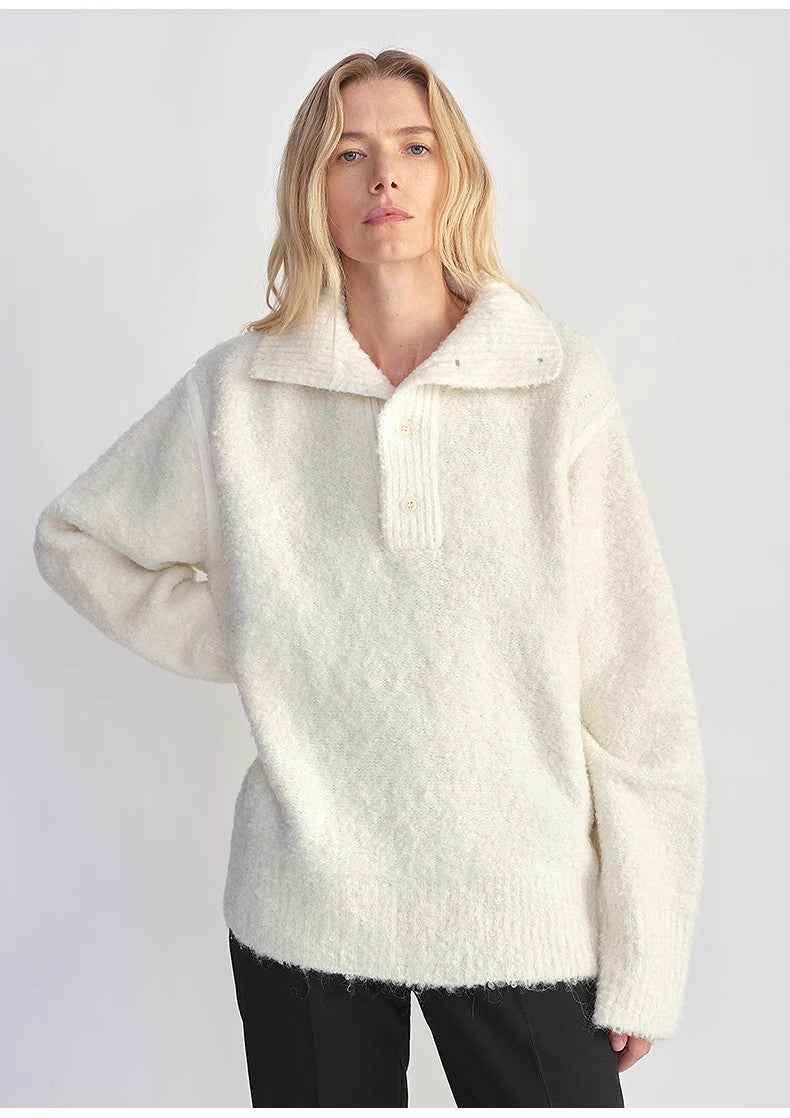 Alpaca wool blended bouclé yarn Spliced POLO shirt Lazy and relaxed sweater-4
