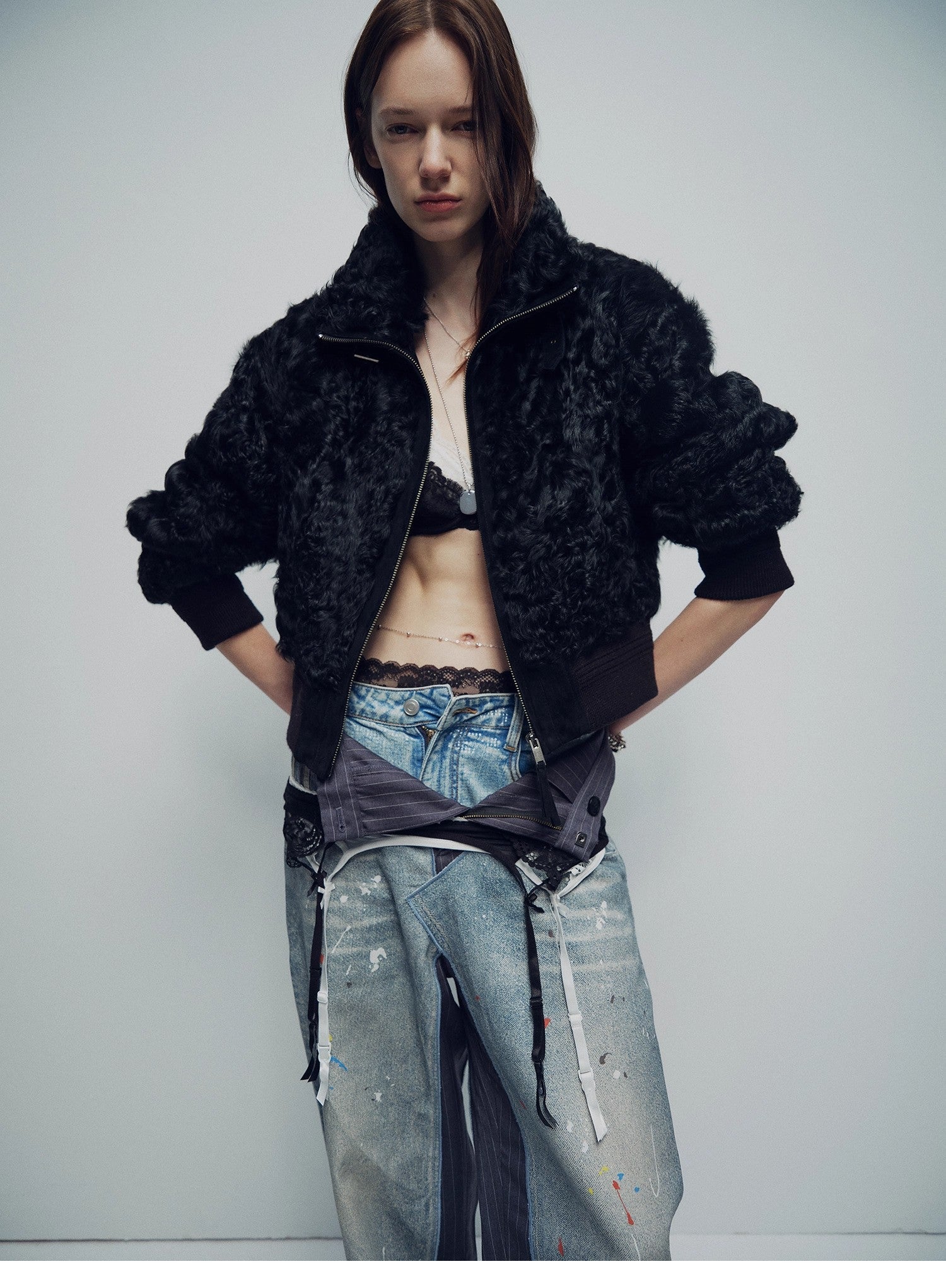 Casual stand-up collar jacket-style fluffy sheep curly hair fashionable short bomber coat"Curly Story"-3