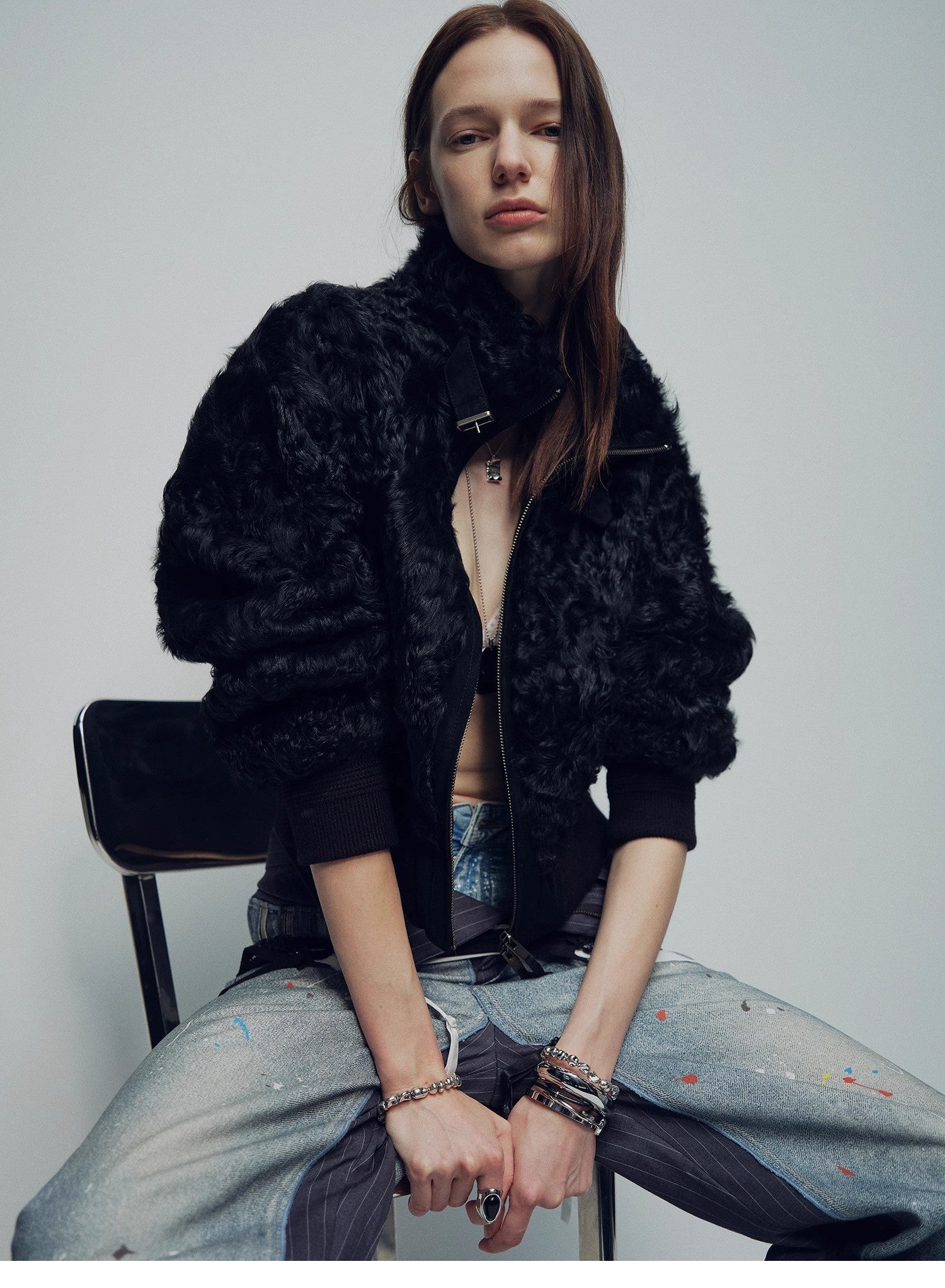 Casual stand-up collar jacket-style fluffy sheep curly hair fashionable short bomber coat"Curly Story"-2