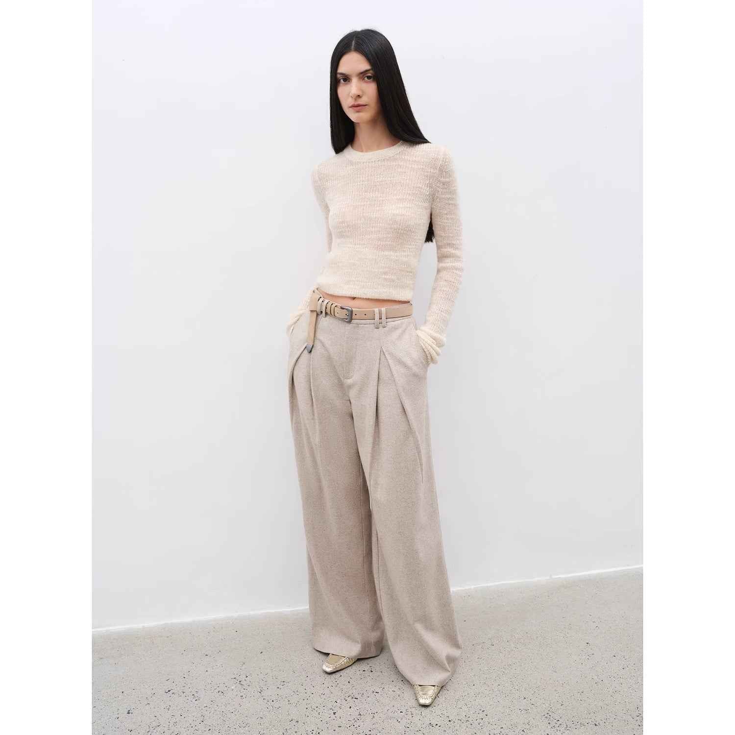 Firelady Fur City Stroll Wool Wide-Leg Pleated Trousers for women, casual, relaxed fit with double pleats and draped design.