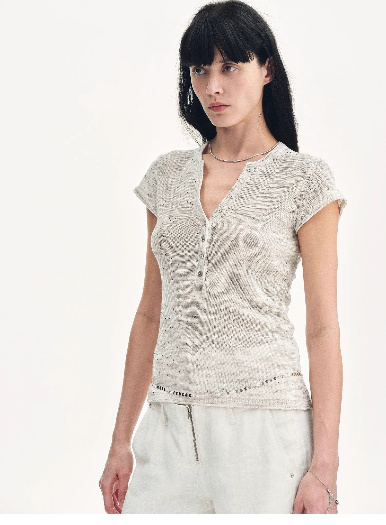 Cotton and Linen Blend Sequined Henley Neck Short Sleeve T-Shirt"Minimalist Light Gap"-4