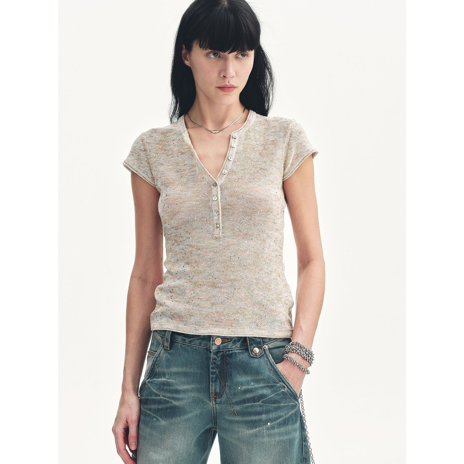 Cotton and Linen Blend Sequined Henley Neck Short Sleeve T-Shirt"Minimalist Light Gap"-5