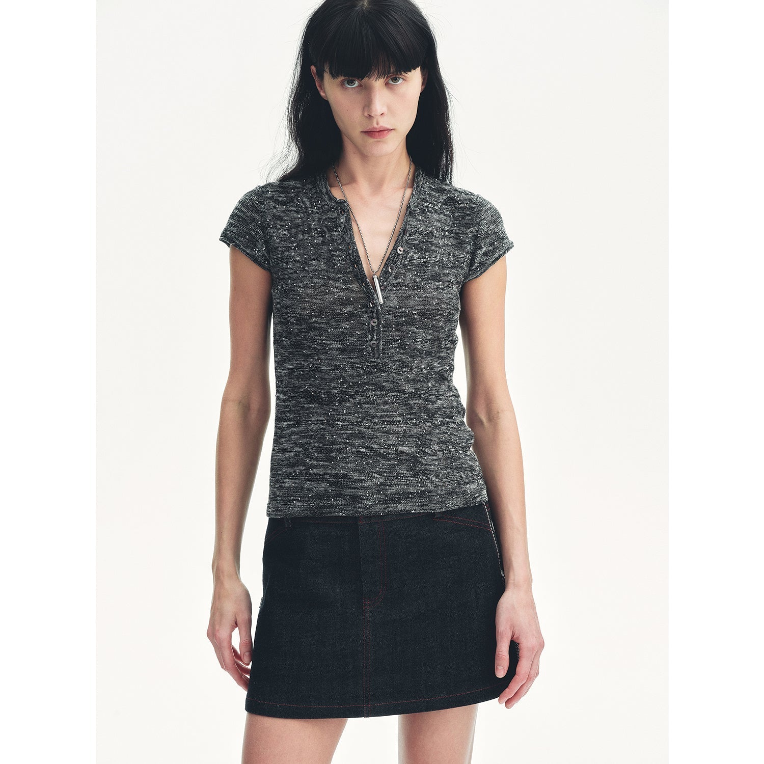 Cotton and Linen Blend Sequined Henley Neck Short Sleeve T-Shirt"Minimalist Light Gap"-6