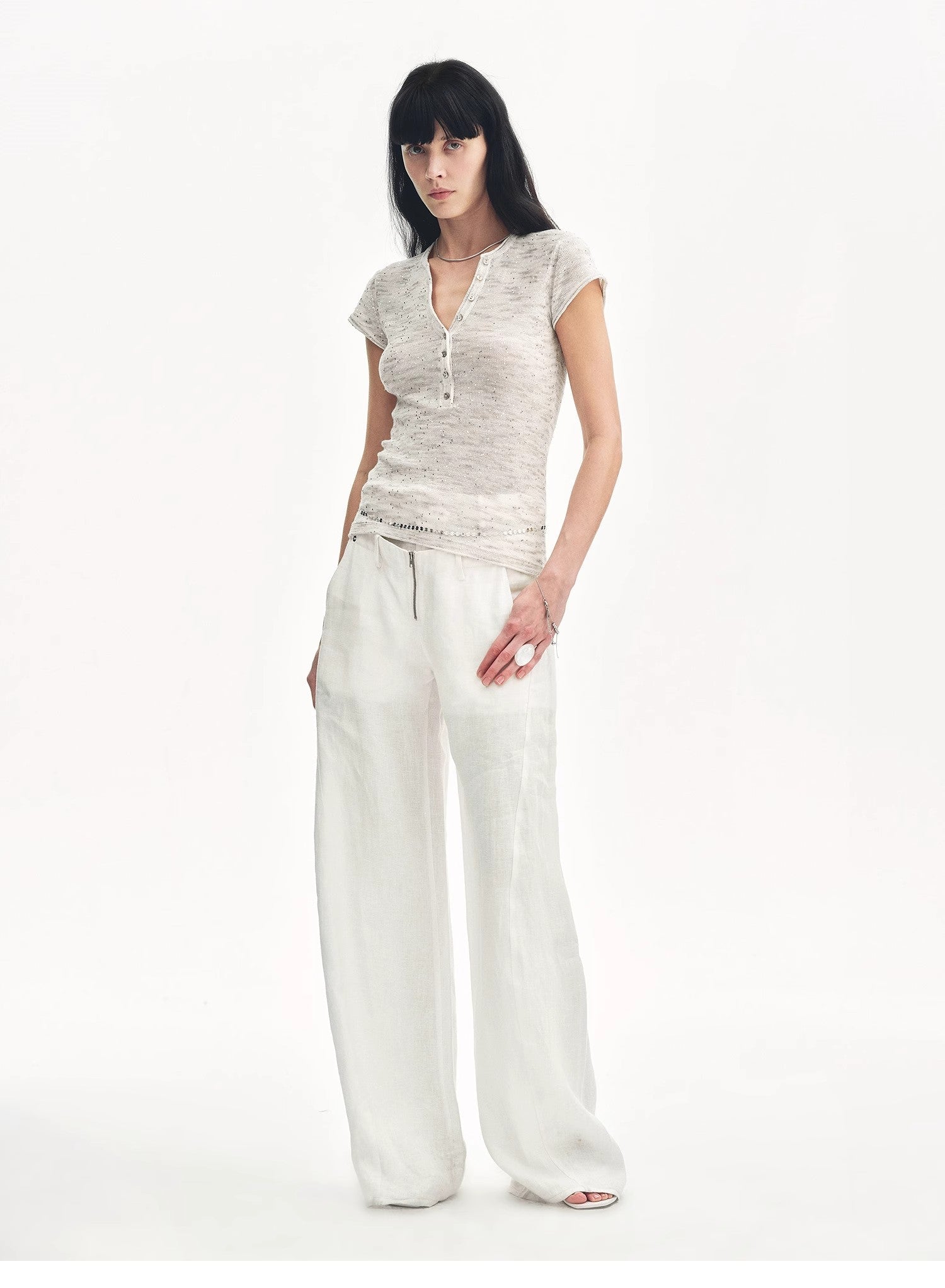 Cotton and Linen Blend Sequined Henley Neck Short Sleeve T-Shirt"Minimalist Light Gap"-0