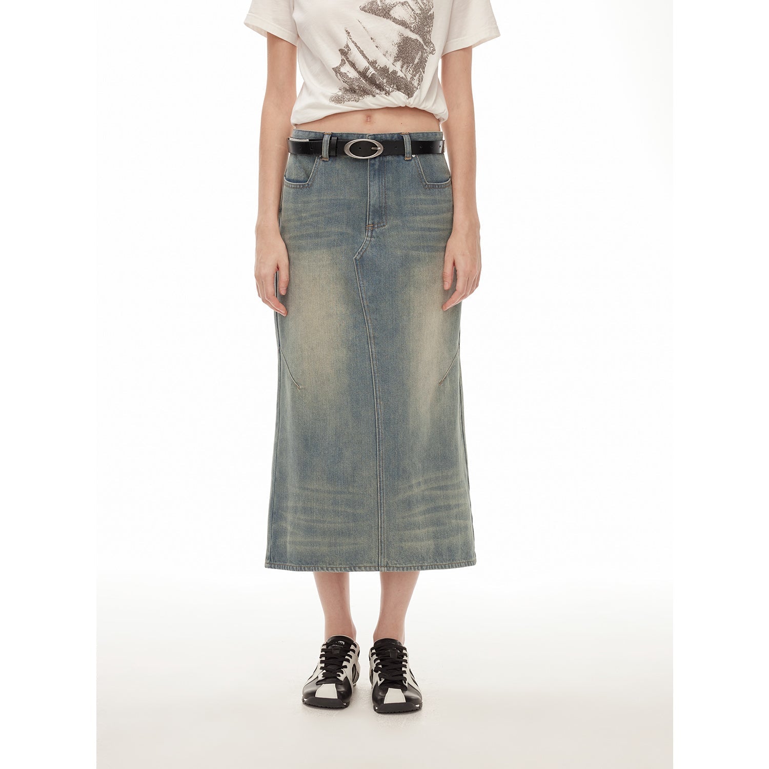 "Dawn Denim" retro old enzyme washed mid-low waist slim fishtail flared slim denim skirt-4