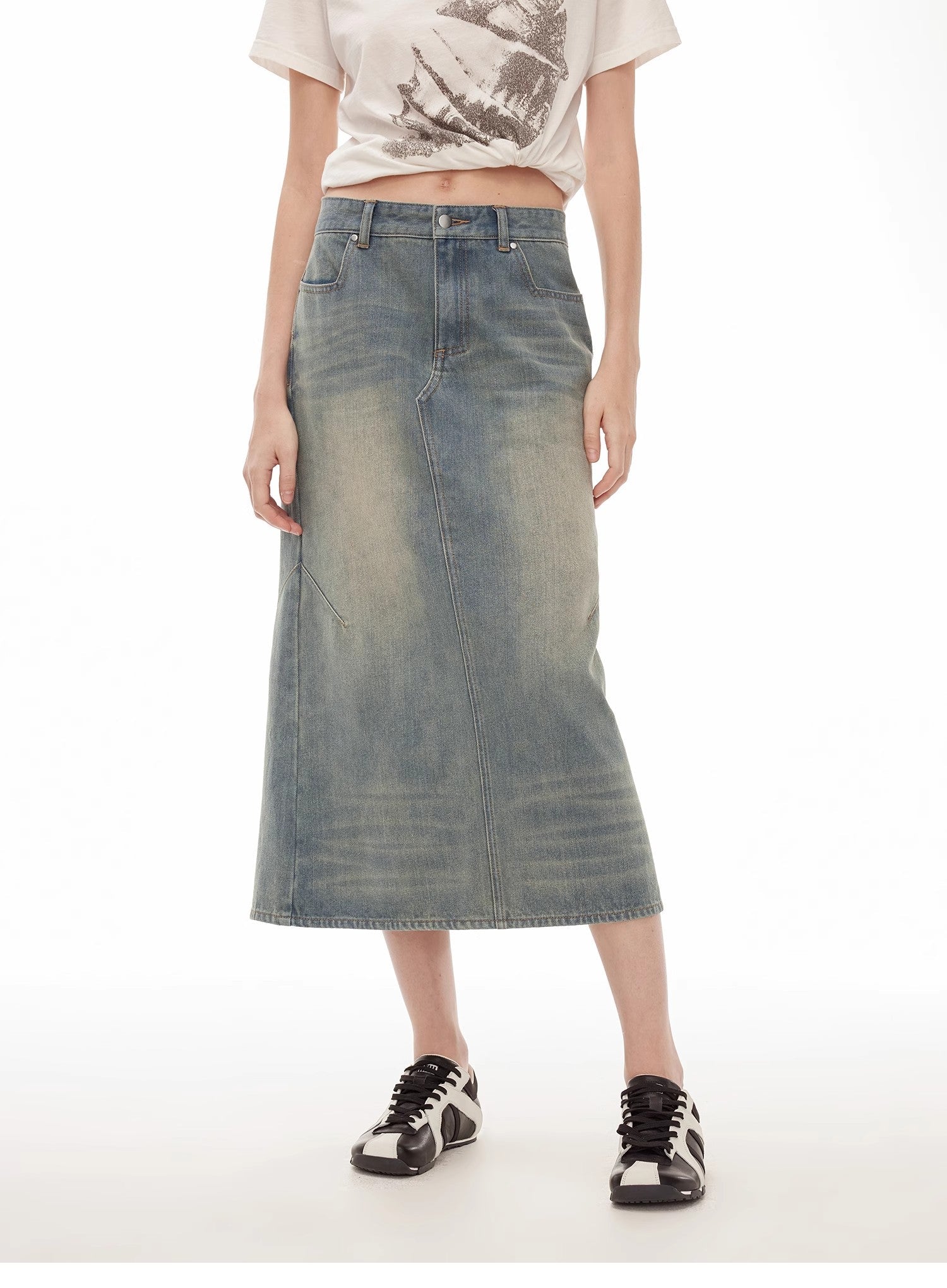 "Dawn Denim" retro old enzyme washed mid-low waist slim fishtail flared slim denim skirt-1