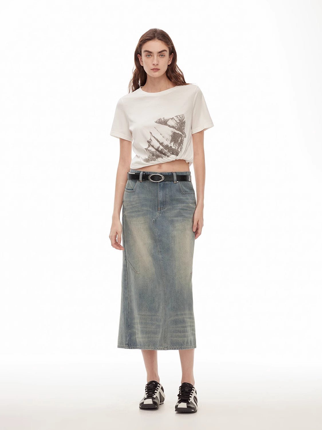 "Dawn Denim" retro old enzyme washed mid-low waist slim fishtail flared slim denim skirt-0