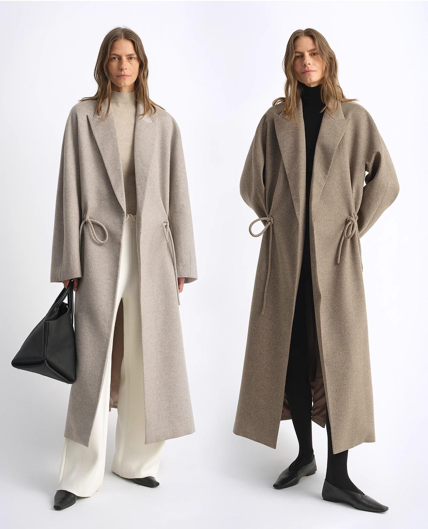 Desert-colored women's wool coat with peaked lapel and drawstring waist by Firelady Fur, mid-length design for stylish warmth.
