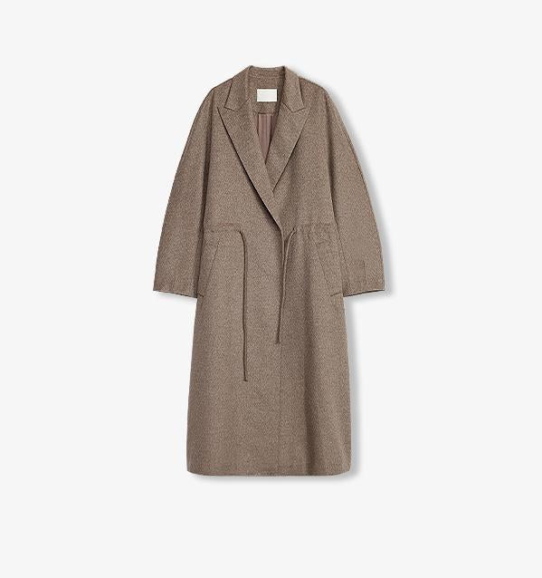 Desert-colored women's wool coat with peaked lapel and drawstring waist by Firelady Fur, mid-length, stylish and warm.