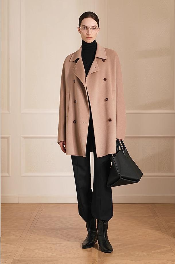 Firelady Fur women's double-breasted wool coat in desert rose Australian wool, high-end design for small women.