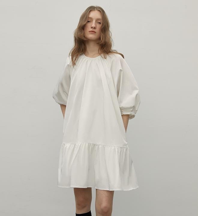 White Dream Island Dress by Firelady Fur, women's high-end puff sleeve dress with elegant, timeless style and refined design.