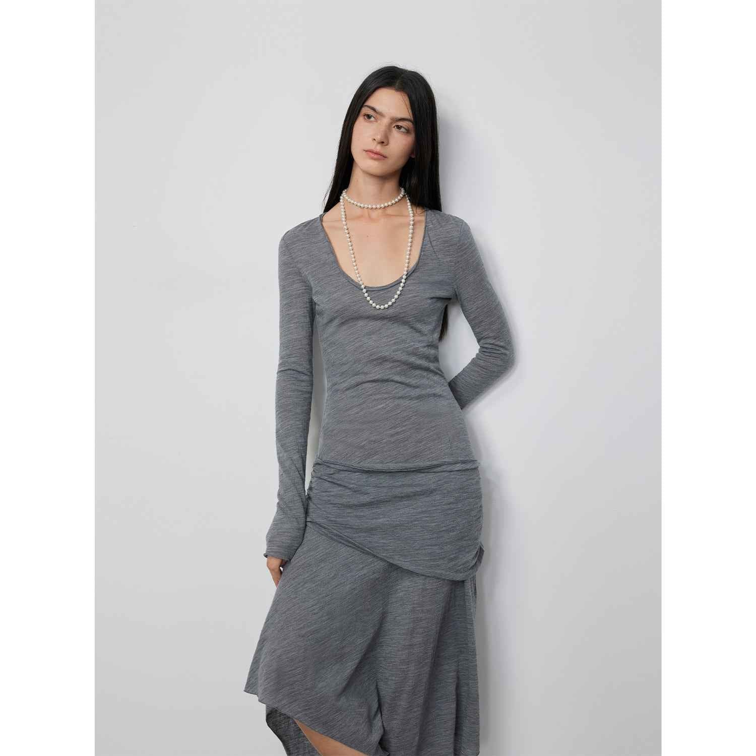 Firelady Fur Dreamy Ball lightweight wool long dress for women with U-neck and irregular hem, breathable and stylish.