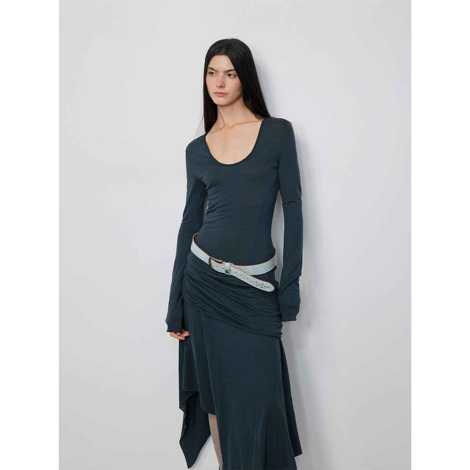 Firelady Fur Dreamy Ball lightweight wool dress for women featuring U-neck and irregular hem, breathable and comfortable long dress.