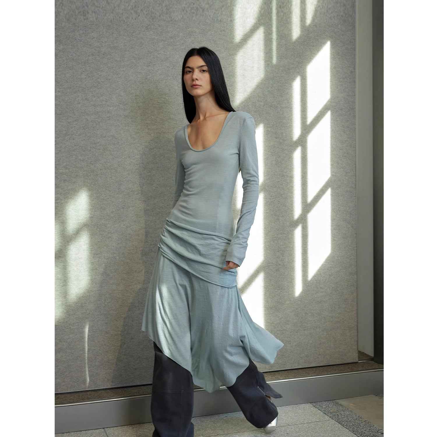 Women's Dreamy Ball lightweight wool long dress with U-neck and irregular hem, by Firelady Fur, featuring breathable 100% wool fabric.