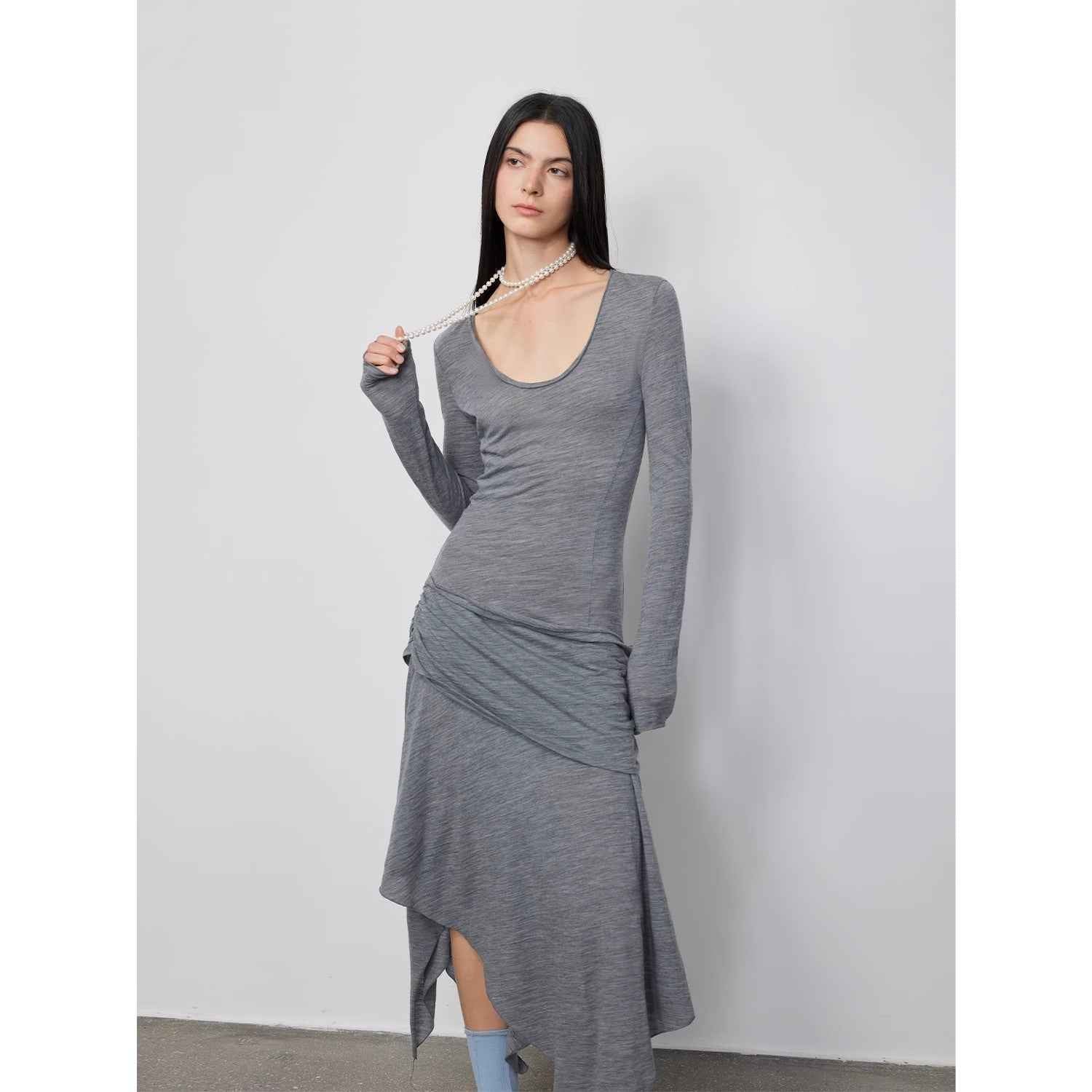 Women's Dreamy Ball lightweight wool long dress with U-neck and irregular hem by Firelady Fur, breathable and stylish for women.