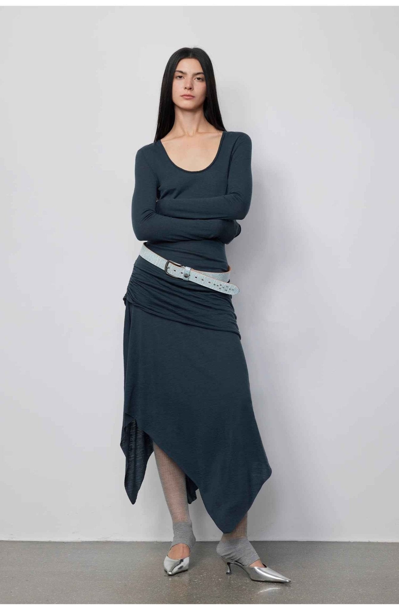Women's Dreamy Ball lightweight wool long dress by Firelady Fur featuring U-neck and irregular hem, breathable and comfortable.