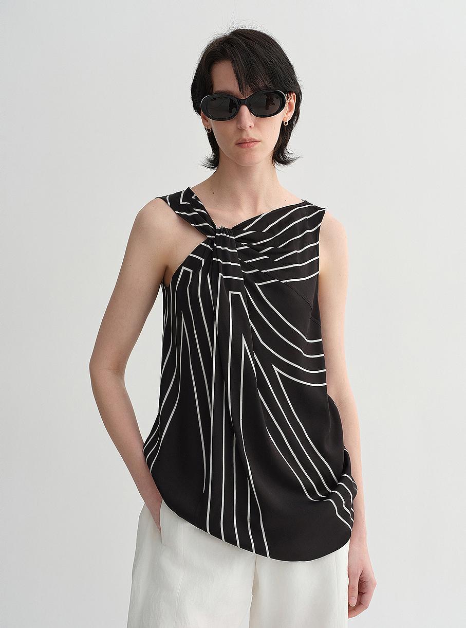 Silk sleeveless shirt by Firelady Fur featuring a twisted elastic silk collar and geometric print, slim fit for women, versatile top.
