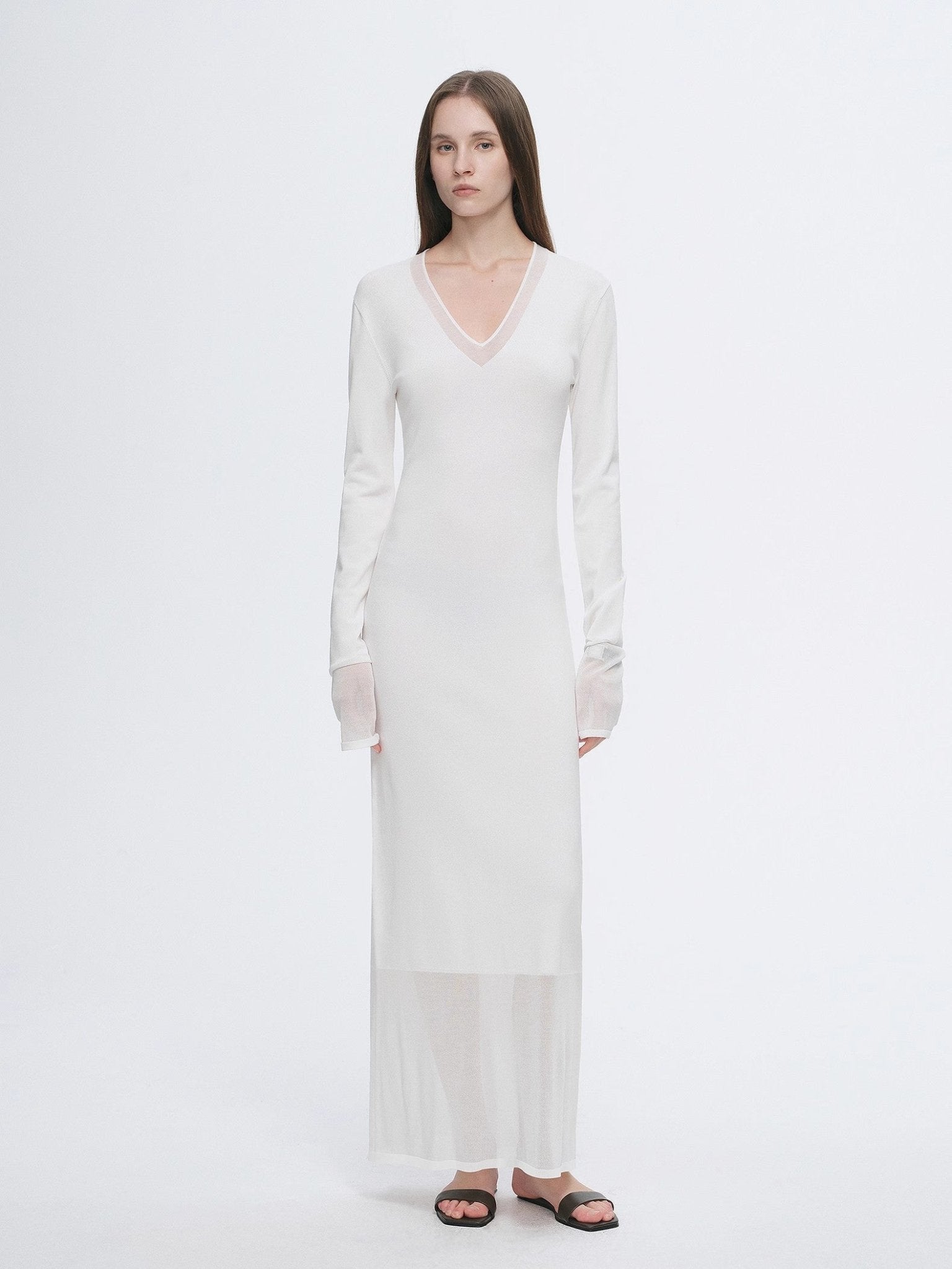 Women's V-neck dress by Firelady Fur featuring triacetate and Tencel blend with a transparent splicing design and skin-friendly fabric.