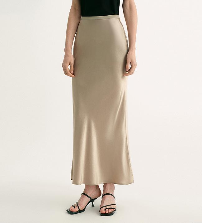 Firelady Fur women's acetate bias-cut skirt with glossy finish, slim fit, and elegant fishtail design.