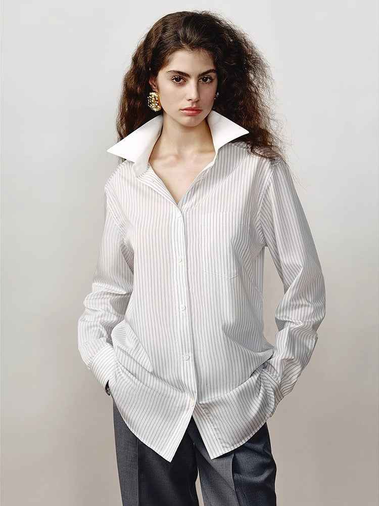 Firelady Fur striped shirt by Maison Beaumont featuring a classic button-up design with lapel collar and contrast stripes.