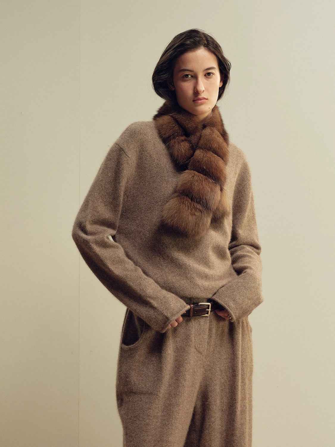 Firelady Fur Mink Retro Vintage Scarf featuring ribbed patchwork design, Russian-imported fur accessory with trendy, classic style.