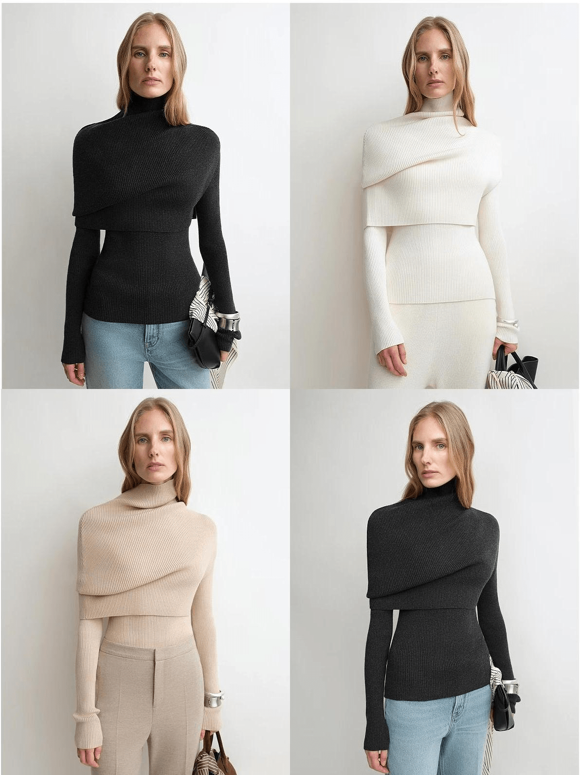 Firelady Fur Women's Merino Wool Turtleneck Sweater with Detachable Shawl – 2-Piece Knit Set "Elegant Layers"-1