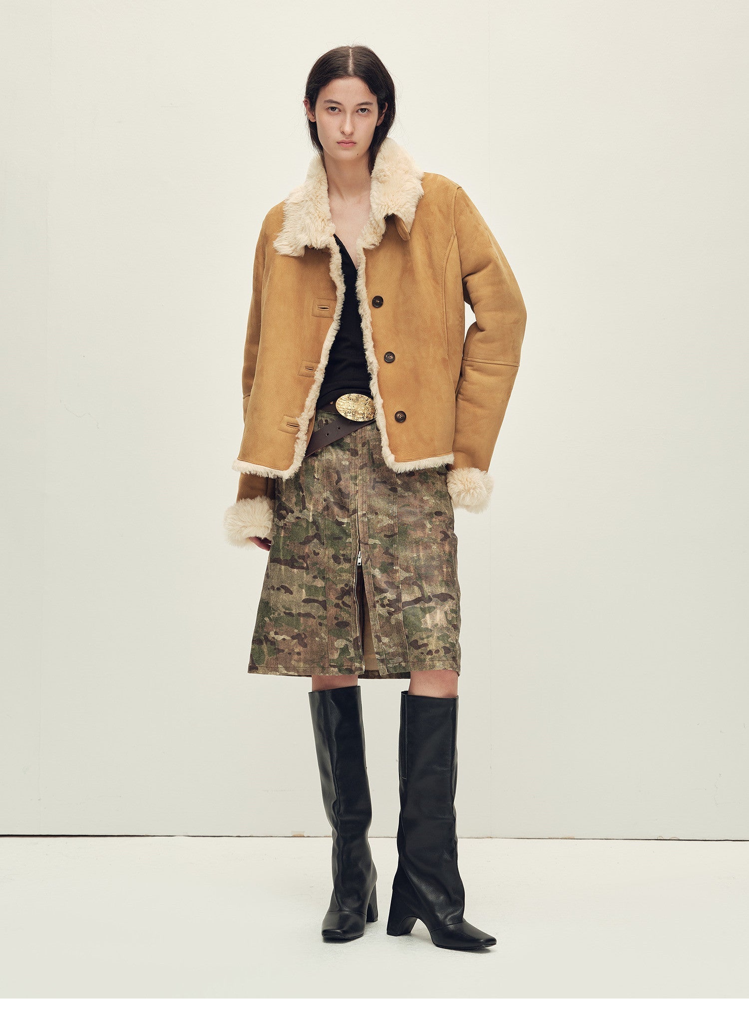 Women's shearling suede coat by Firelady Fur with Italian contrast suede and Tuscan shearling, stylish winter outerwear.