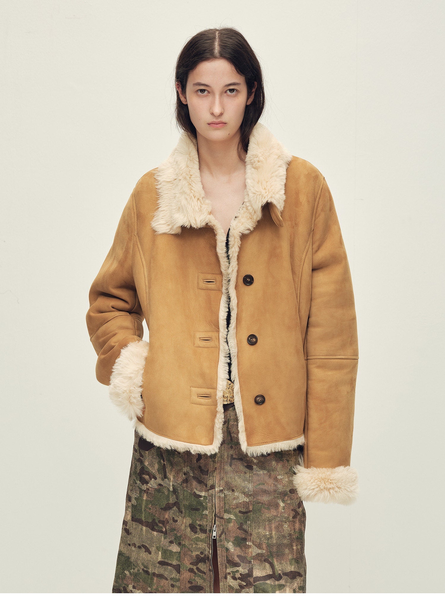 Women's shearling suede coat by Firelady Fur, featuring Italian contrast suede and warm Tuscan shearling for winter.