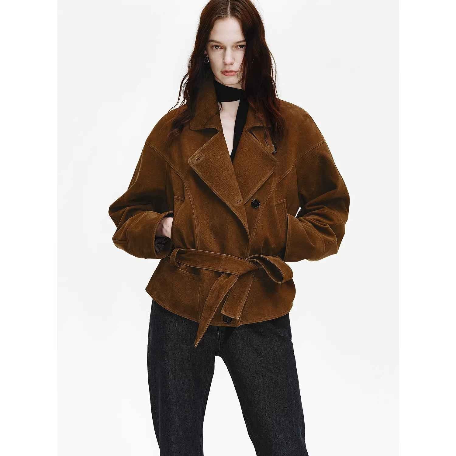 Firelady Fur women's waxed sheepskin biker coat with belted waist and asymmetric lapel in Peninsula Black Tea leather.