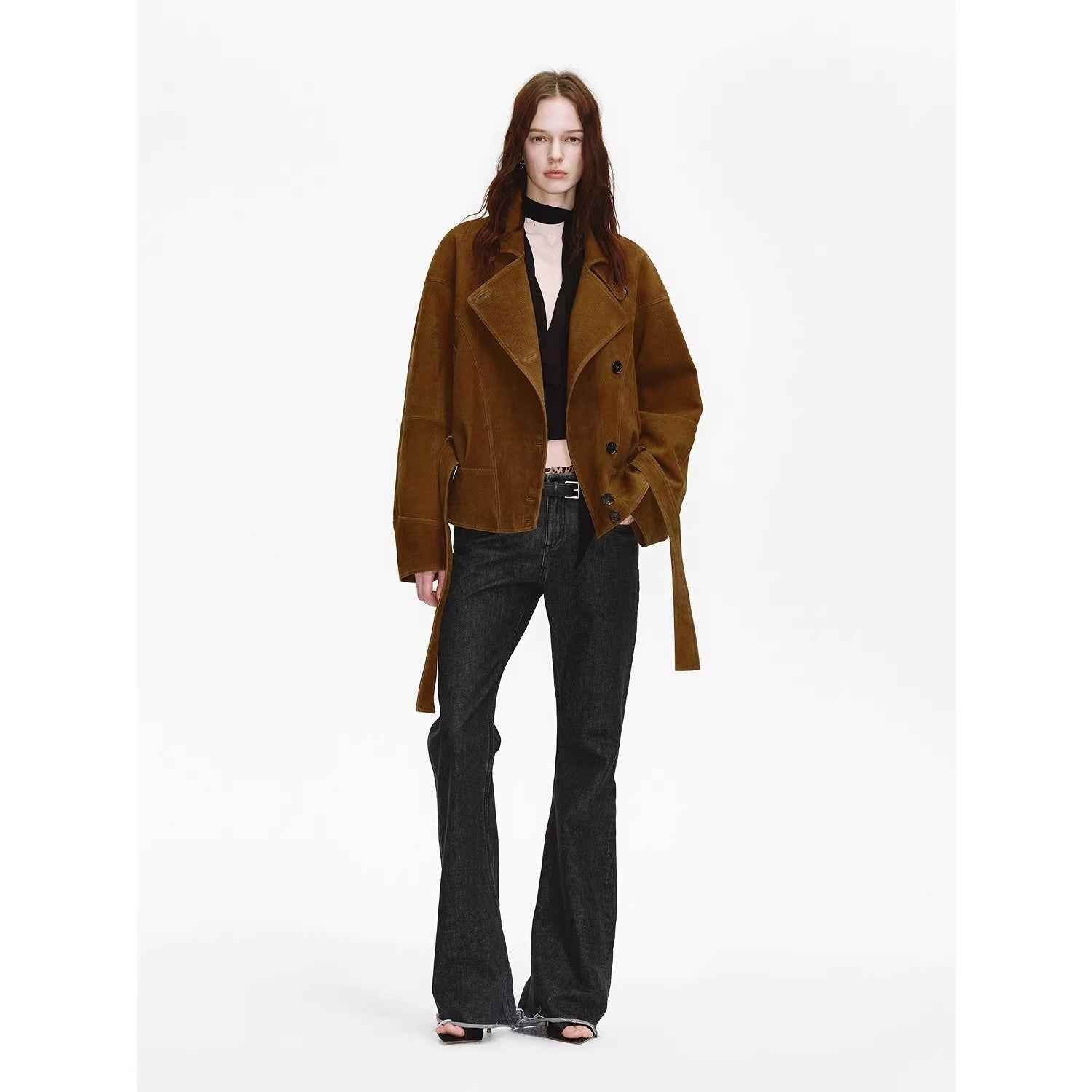 Women's Waxed Sheepskin Biker Coat by Firelady Fur with belted waist and asymmetric lapel in Peninsula Black Tea leather.