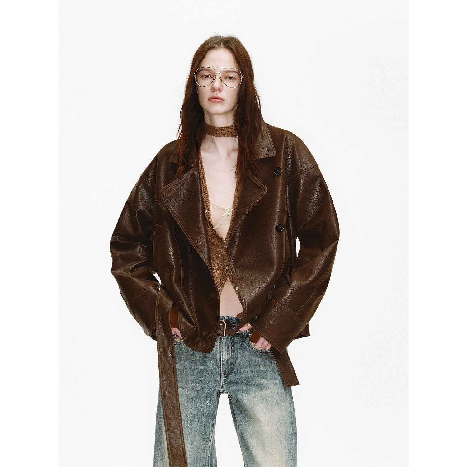 Firelady Fur Women's waxed sheepskin biker coat with asymmetric lapel and belt in black tea color, stylish leather jacket for women.