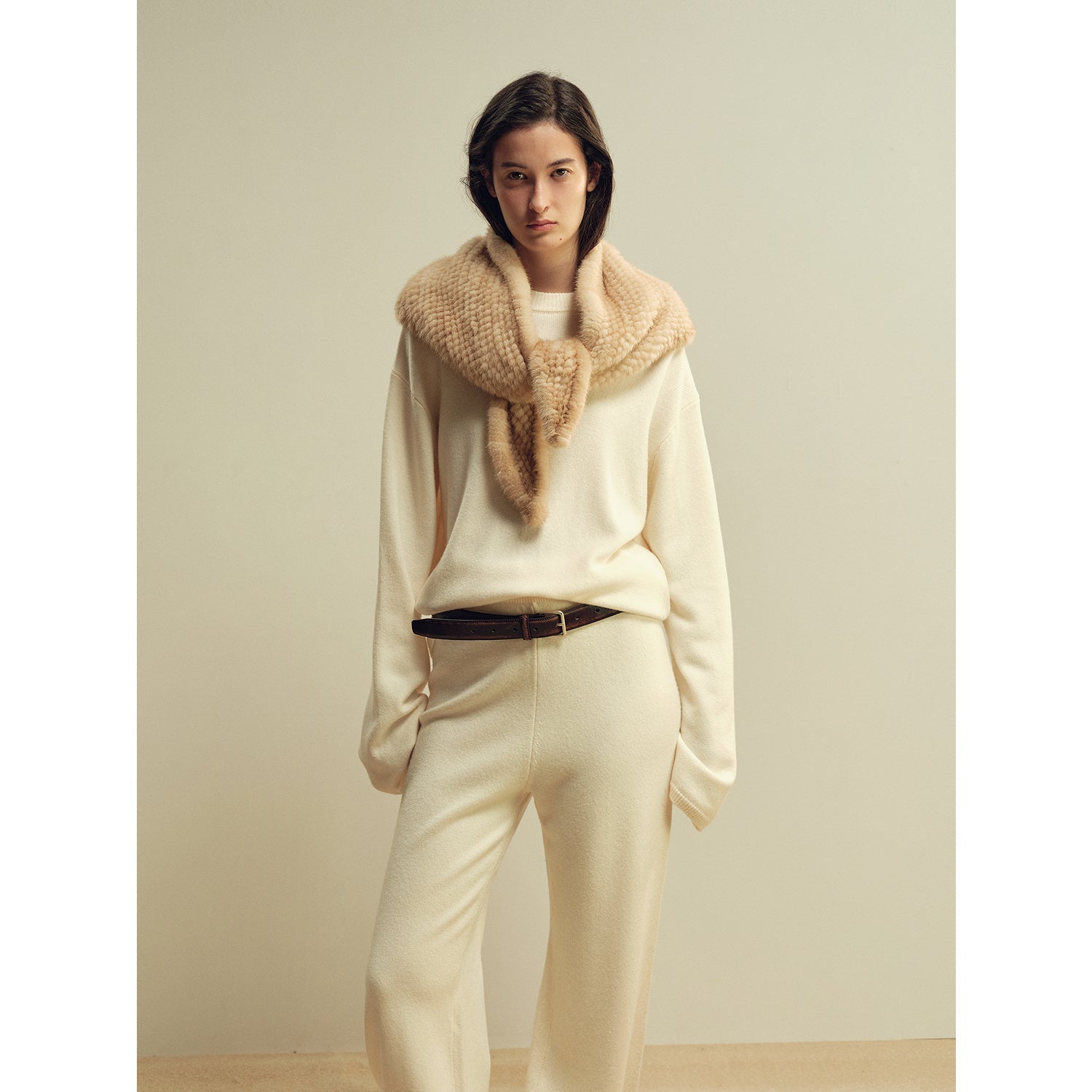 Luxury vintage mink scarf by Firelady Fur, featuring woven purple mink with a triangle design for elegant winter wear.