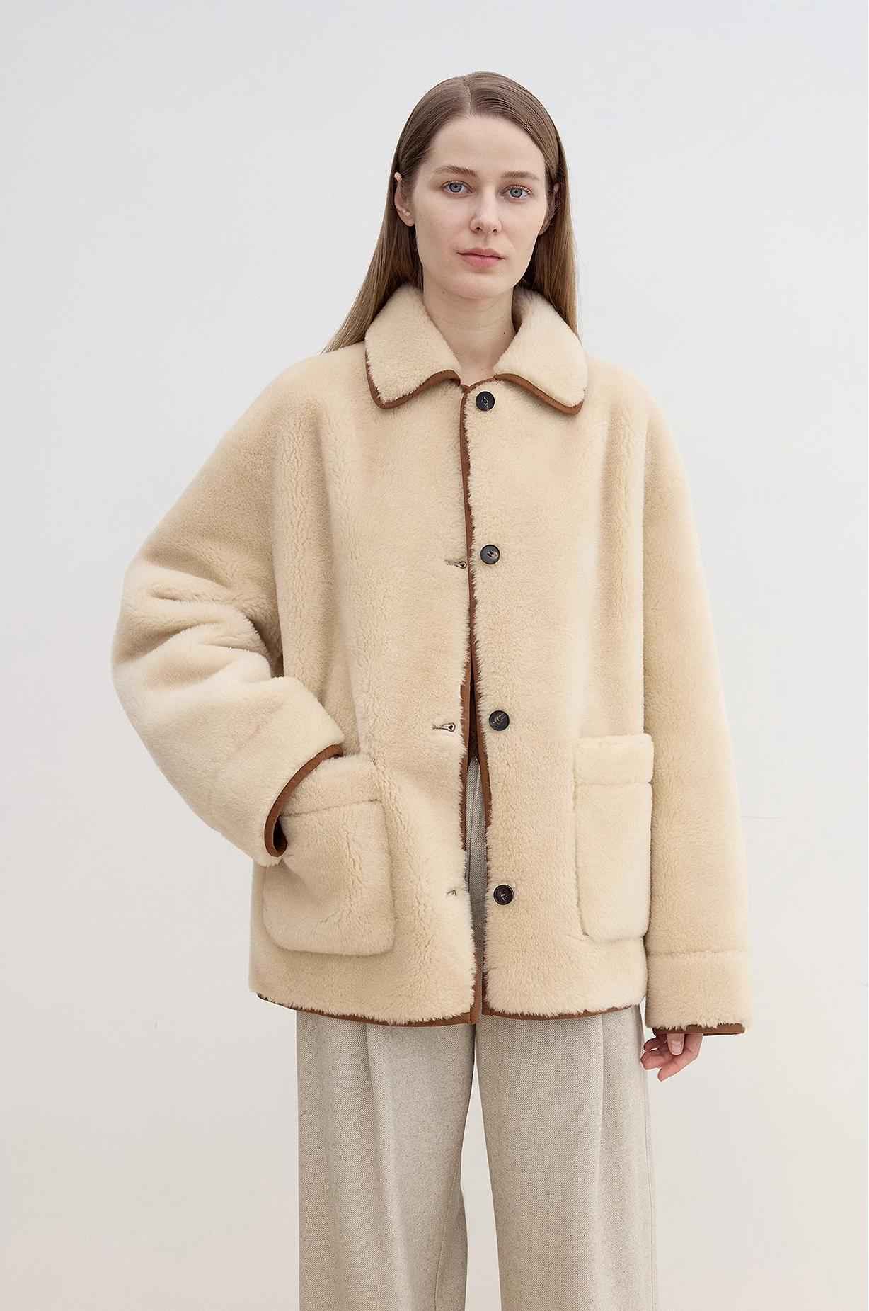Fireladyfur women's faux leather shearling jacket with furry lapel, casual straight cut wool coat for a stylish, cozy look.