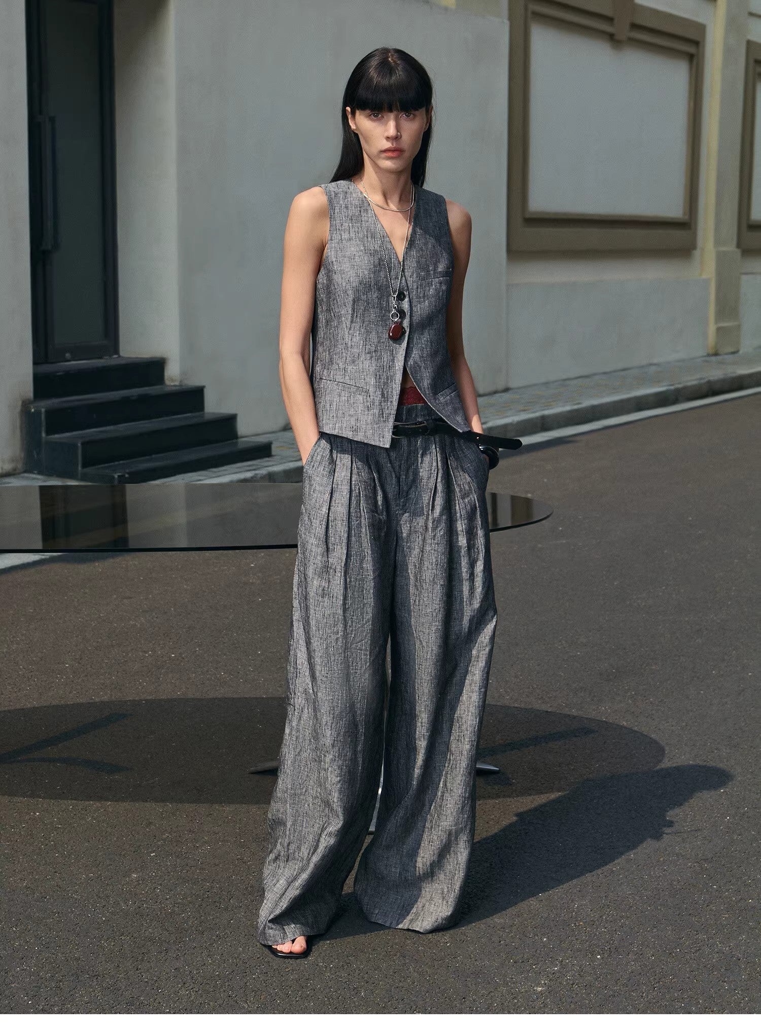 Fireladyfur Women's Linen Suit Set: Draped Vest & High-Waist Straight Trousers"Old Money Space"-1