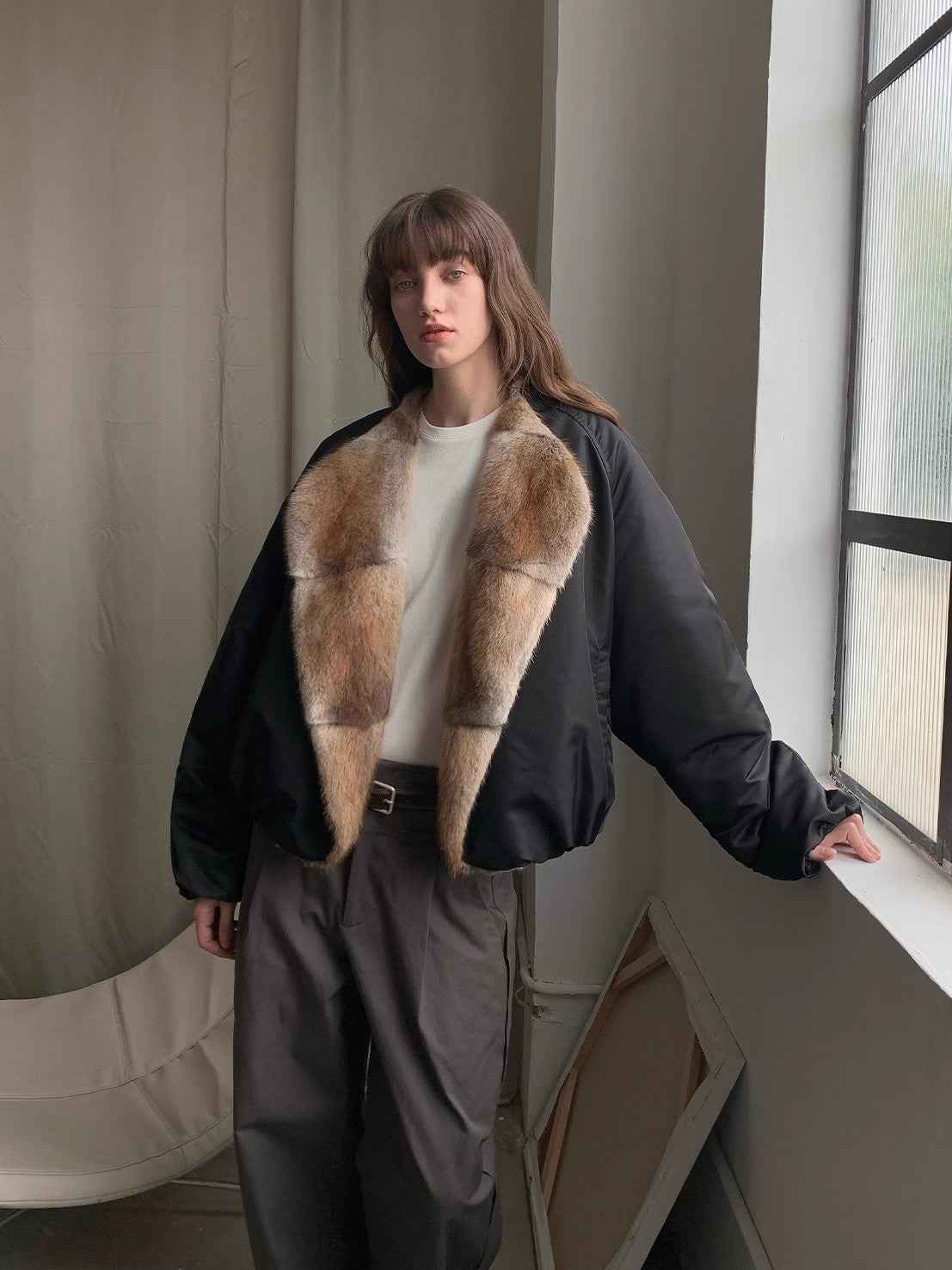 Women's colorblock parka by Firelady Fur with sable muskrat fur collar and goose down filling, stylish and warm outdoor coat