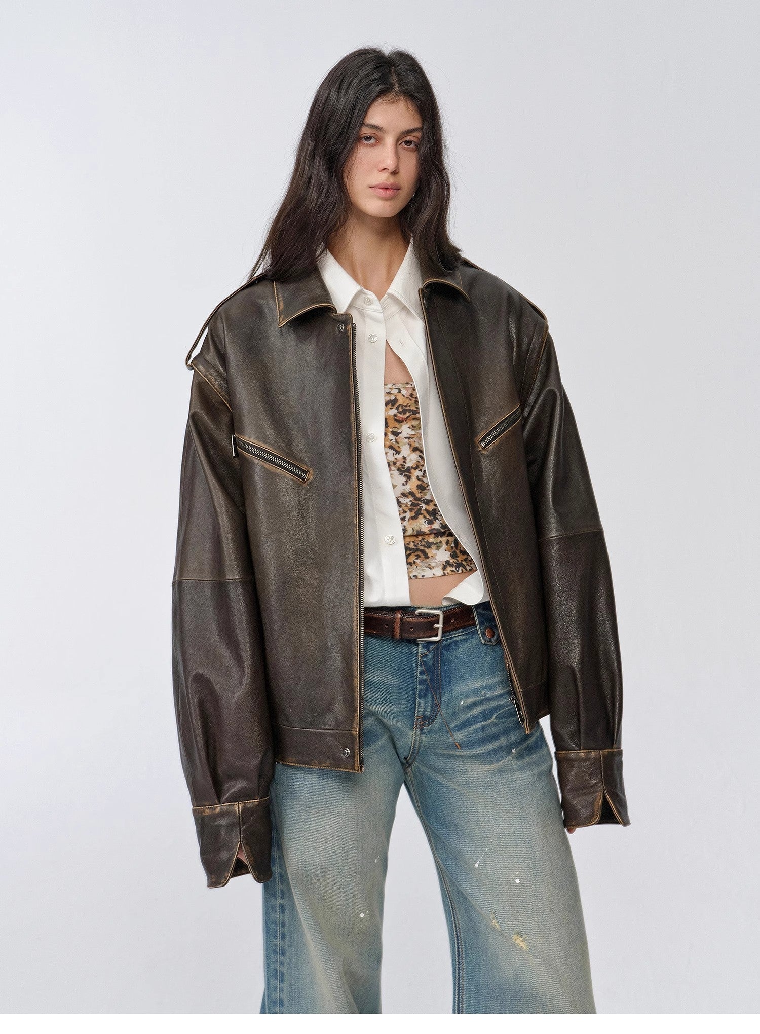Fireladyfur Women's Two-Way Genuine Leather Jacket with Removable Sleeves"Barn Feelings"-4