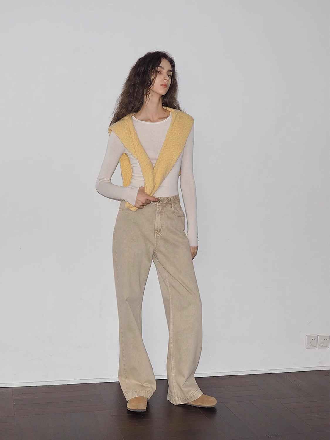 Women's vintage washed straight-leg denim pants with meteorite fragment accents by Firelady Fur, showcasing a stylish, distressed look.