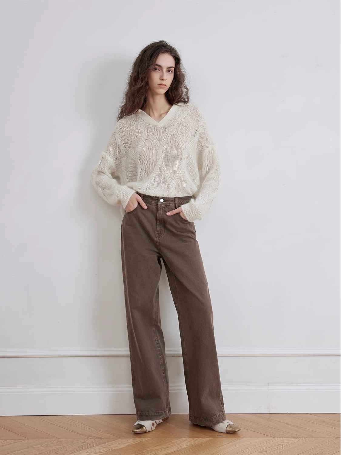 Women's denim straight-leg pants with meteorite fragment details from Firelady Fur, vintage washed and styled for a casual look.