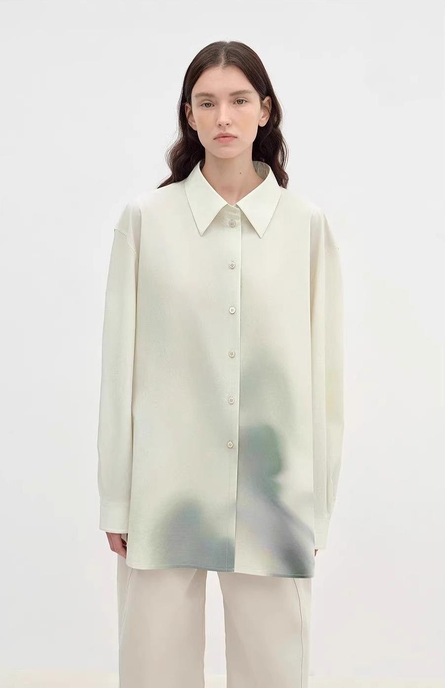 "Green Time" lapel side slit two-wear cotton printed shirt-0