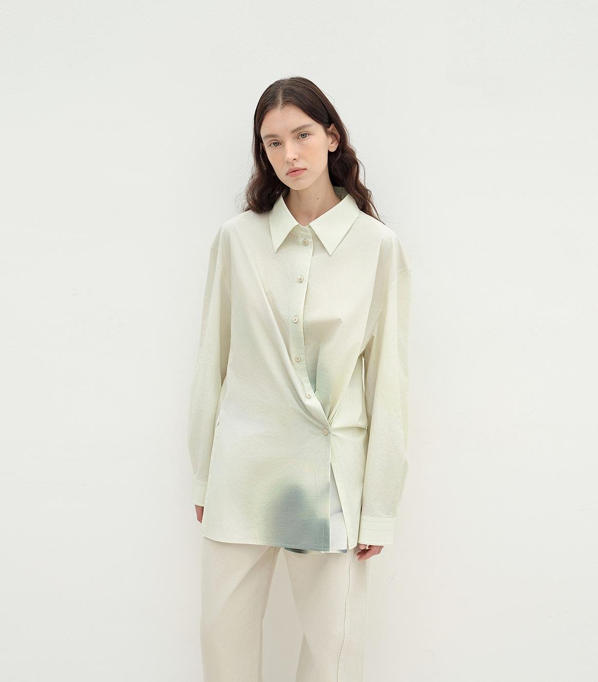 "Green Time" lapel side slit two-wear cotton printed shirt-1