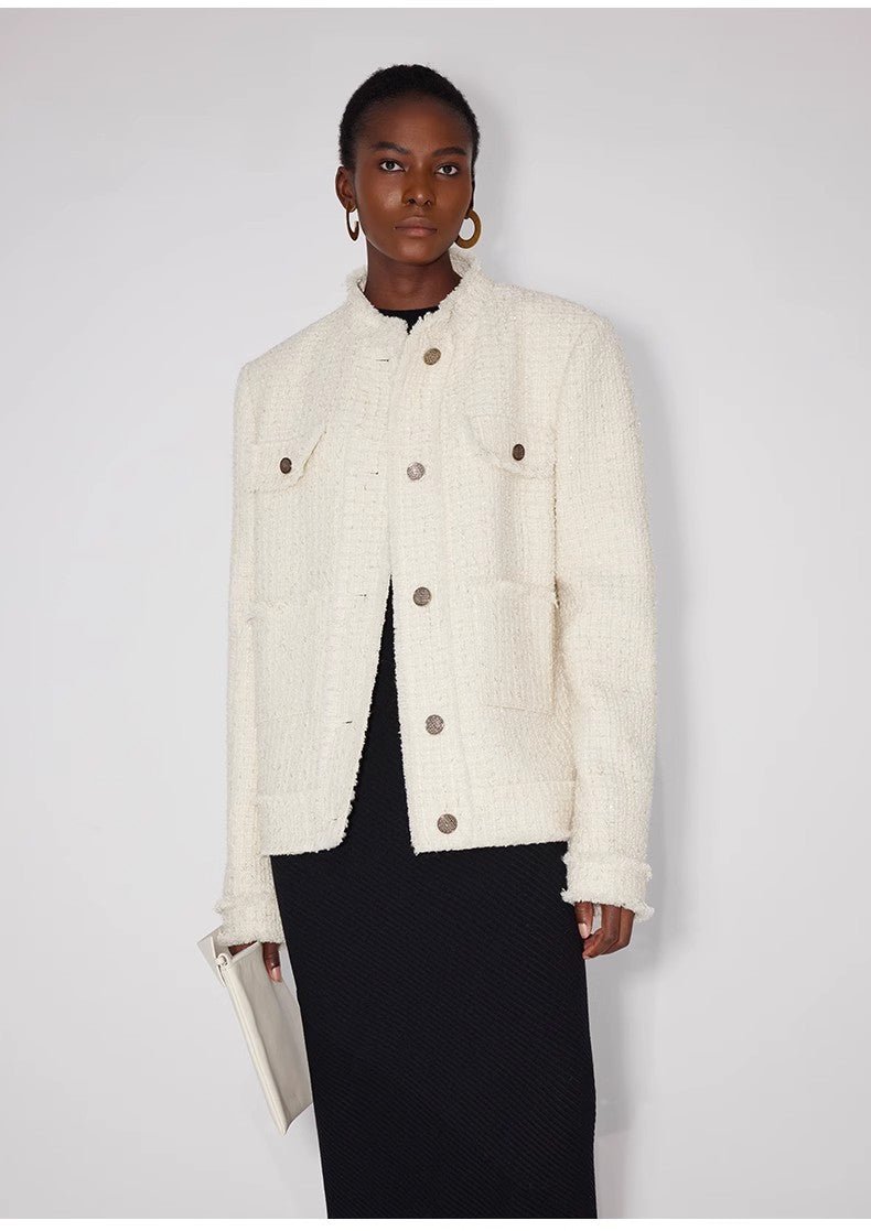 Elegant women's wool jacket by Firelady Fur featuring a high-end, heavy wool design with wool-edged detailing.