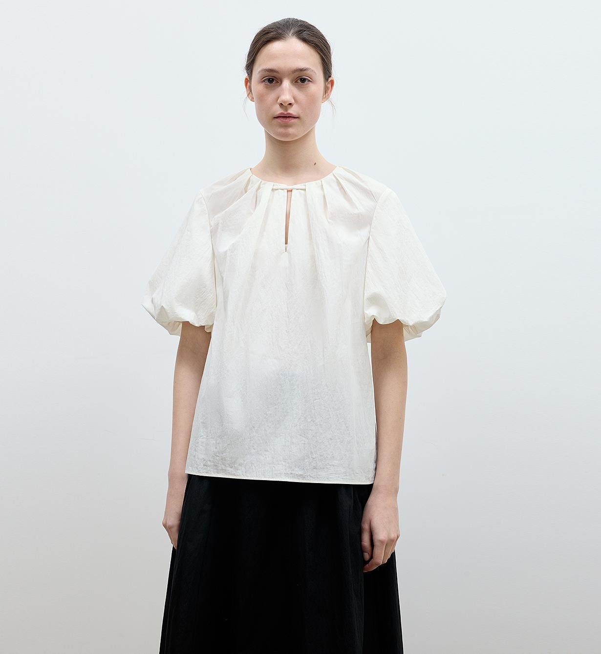 "Iceland Diary" neckline pleated design round neck tie puff sleeve short sleeve shirt for women-0