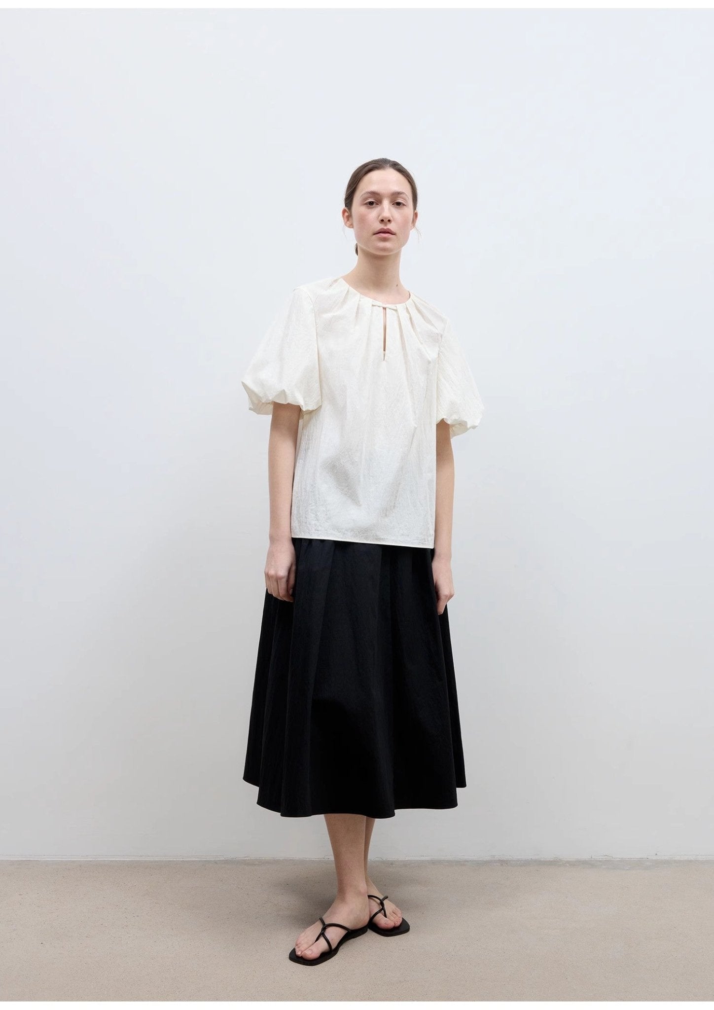 "Iceland Diary" neckline pleated design round neck tie puff sleeve short sleeve shirt for women-1