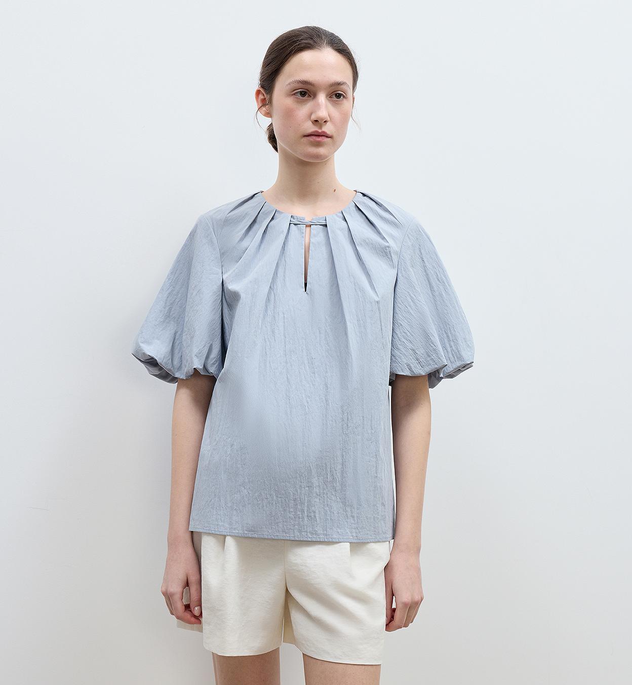 "Iceland Diary" neckline pleated design round neck tie puff sleeve short sleeve shirt for women-5