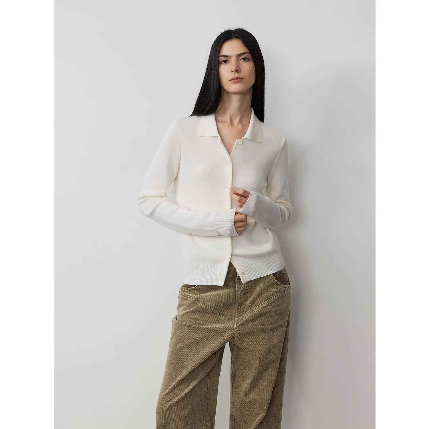 Firelady Fur Lazy Urban Merino Wool Knitted Pants Suit featuring a cozy polo neck cardigan and straight-leg pants in a stylish outfit.