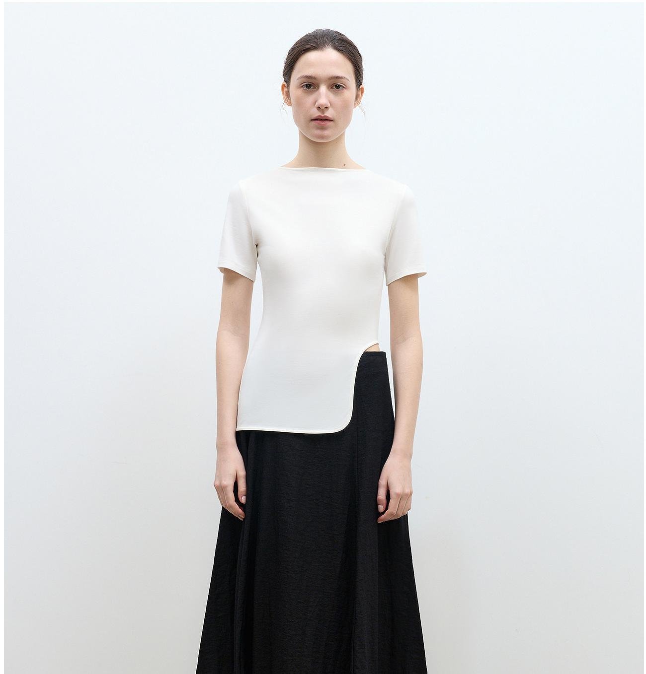 Firelady Fur women's asymmetrical hem T-shirt with architectural principles design, short sleeves, casual stylish women's top.