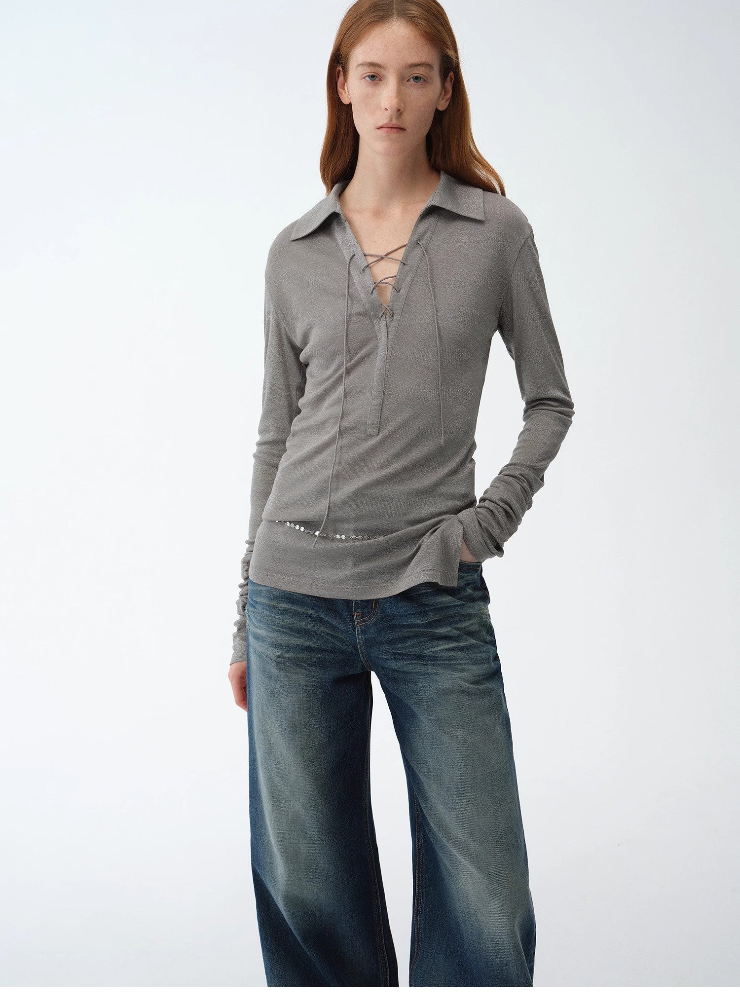Light silver silk knitted top with tie lapel, slim fit, long sleeves, slightly transparent, by Firelady Fur.